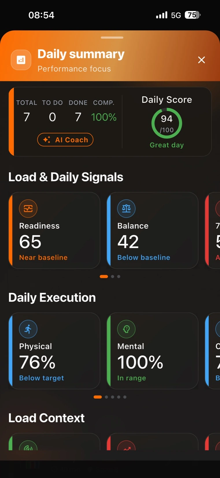 SportsFly Daily Summary showing real Daily Score and development signals