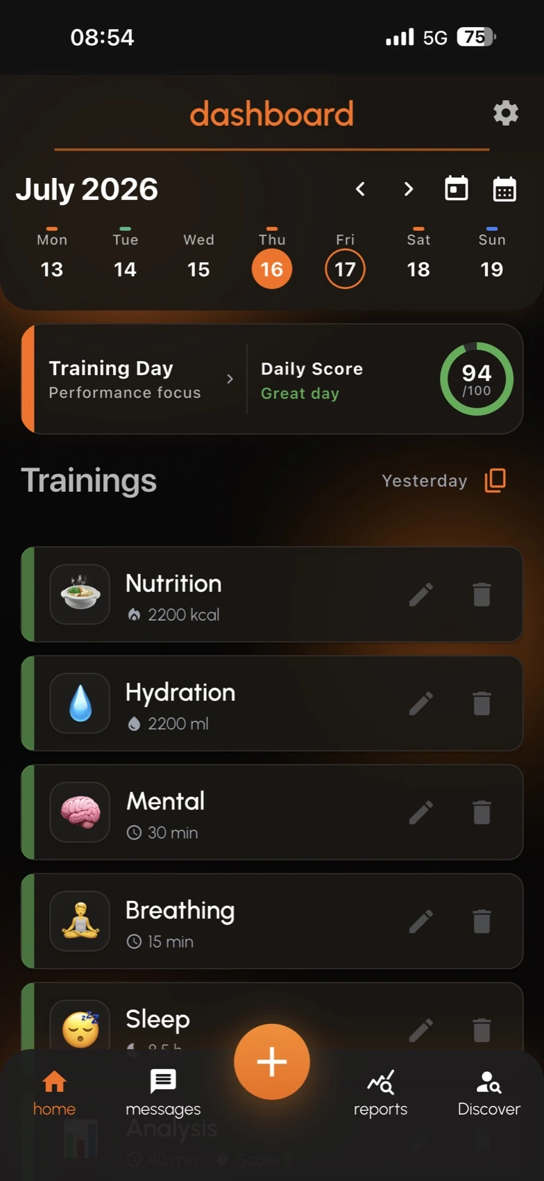SportsFly player dashboard showing the calendar, day type and logged activities