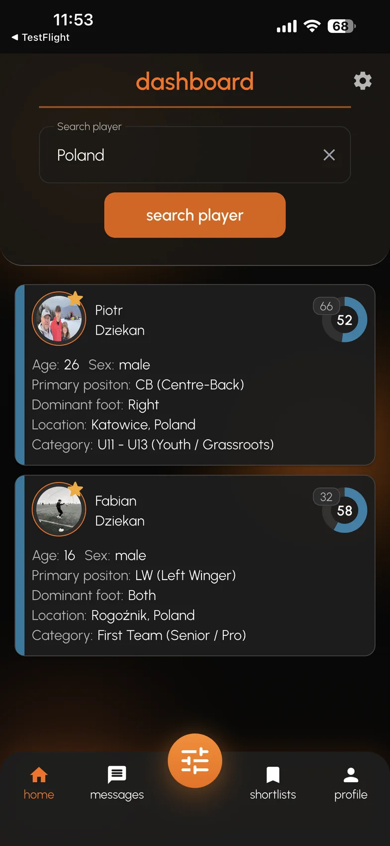SportsFly Scout mobile dashboard with player discovery results